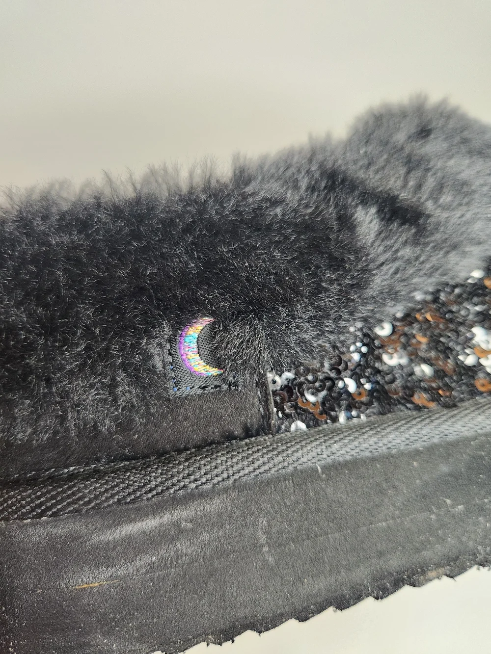 Kids Black Sequin Faux-Fur Mules